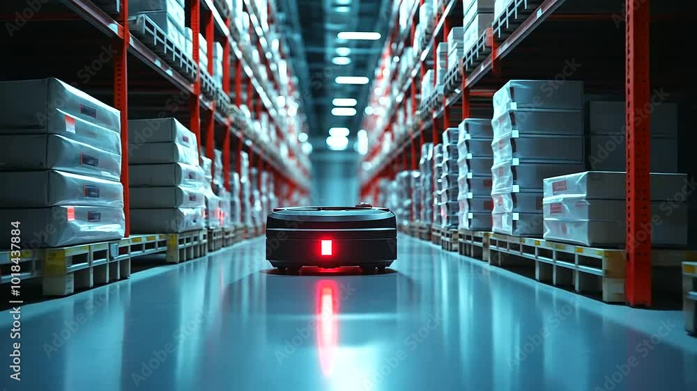 Poster robots gliding through narrow aisles in a warehouse, picking items with precision and speed, represe