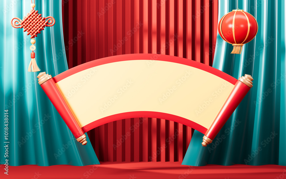 Poster chinese style background with empty ancient scroll, spring festival theme elements, 3d rendering.