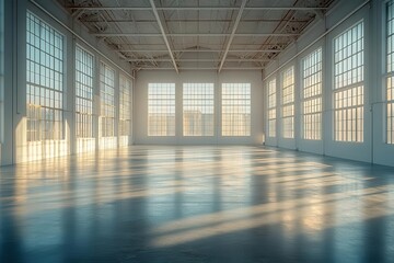 interior view of a clean modern empty warehouse featuring expansive space and high ceilings bathed in bright light that highlights the simplicity and efficiency of industrial design