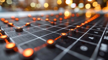 Illuminated Chart with Glowing Nodes on a Dark Grid Representing Market Data and Financial Trends