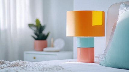 A colorful bedside lamp with a playful design, perfectly positioned on a white background to capture its vibrant essence and cheerful vibe.
