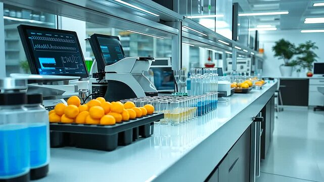 A clinical lab environment with food samples undergoing analysis by sophisticated testing equipment, highlighting the importance of food intolerance testing