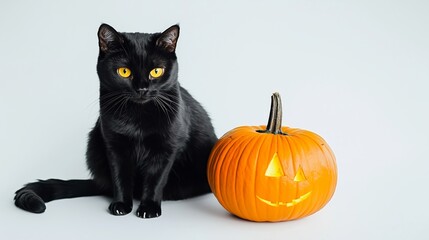 A Black Cat Sitting Next to a Festively Carved Pumpkin