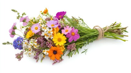 Obraz premium A colorful bunch of mixed wildflowers tied with twine, laid flat on a crisp white background.