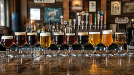 A colorful display of various craft beers in stylish glasses, including lagers, stouts, and ales, artfully arranged on a wooden bar counter, capturing the essence of a cozy pub atmosphere.