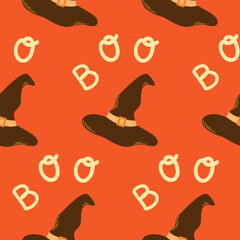 Seamless pattern of Halloween flying witch hats and Boo on isolated background. Hand drawn background for Halloween party decoration, scrapbooking, textile, greeting cards design, wall paper.