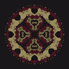 Mandala. Hearts. Colors. Dark Gray, Yellow and Burgundy.