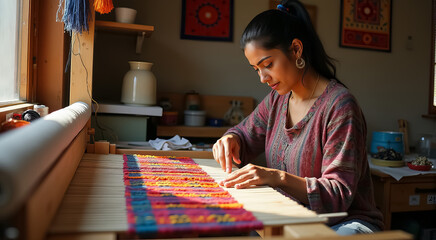 Fototapeta premium A woman is sitting at a loom, working on a colorful piece of fabric