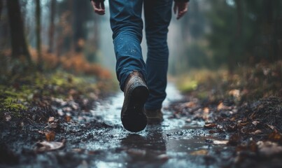 Person walking through muddy forest path.