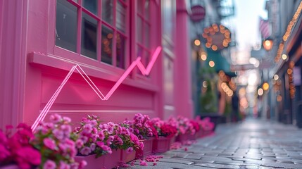 Pink Neon Growth Arrow Sign On Building Wall With Flowers, Urban Business Success Concept.