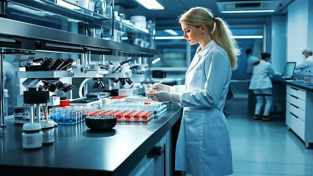 A high-tech laboratory with food samples prepared for sensitivity testing, with advanced equipment illuminating the importance of food intolerance research