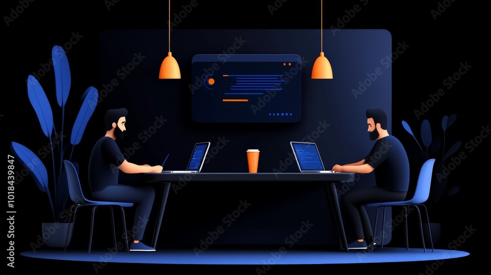 Aufkleber night coders: two programmers collaborate late into the night, illuminated by laptop screens in a st
