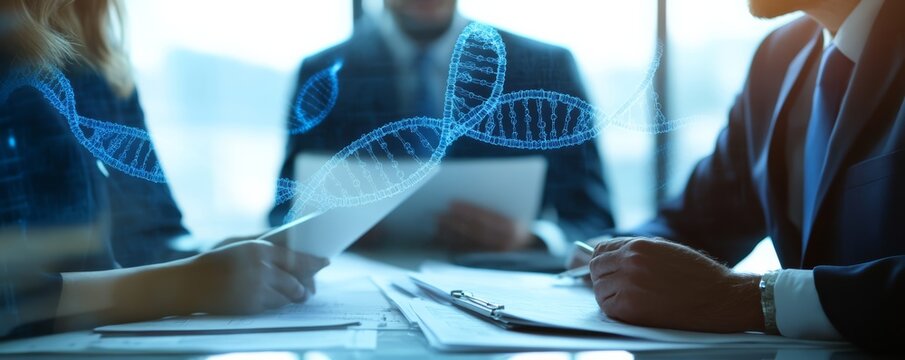 Corporate executive reviewing biotechnology patents with a lawyer close up, focus on, copy space sharp legal documents, double exposure silhouette with DNA sequencing
