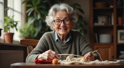A woman is sitting at a table with a knitting needle and yarn