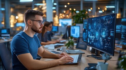 Fototapeta premium Tech startup team working late in a modern office, holographic displays, innovation in progress, creative environment