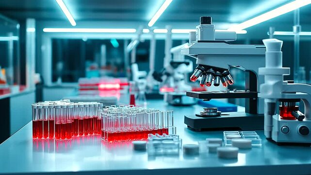 A lab bench filled with food samples and testing equipment under bright fluorescent lights, representing the process of food intolerance research