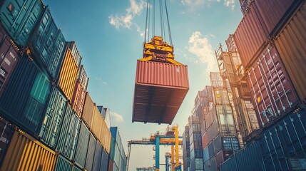 Fototapeta premium Panoramic view of a bustling port with towering cranes, ships unloading cargo, and rows of containers against a backdrop of urban architecture