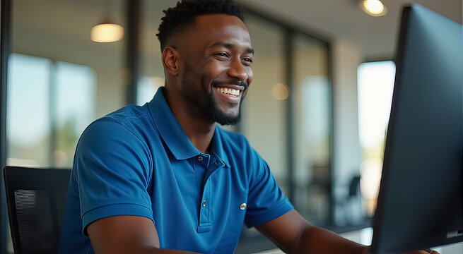 A smiling black man is sitting in front of a computer monitor