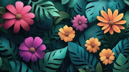 Vibrant flowers surrounded by lush green leaves in a garden setting Colorful flowers with green foliage in a garden environment