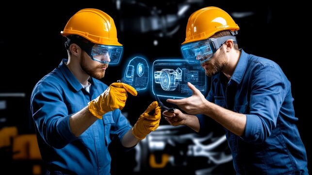 The Future of Engineering:  Two skilled engineers, donned in safety gear, utilize augmented reality to inspect a complex engine.