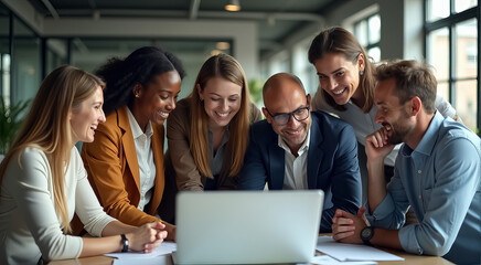A group of people are gathered around a laptop