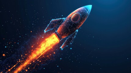 Obraz premium Business startup rocket launching futuristic digital technology on blue background.