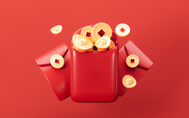 Chinese red envelopes with splashing coins, gold ingots, Chinese Spring Festival , happy new year, 3d rendering.