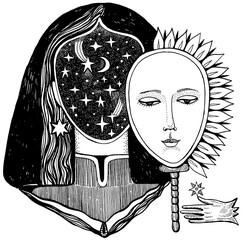 Esoteric illustration. Made by hand with ink and pen. The girl takes off her mask, and there are stars inside.