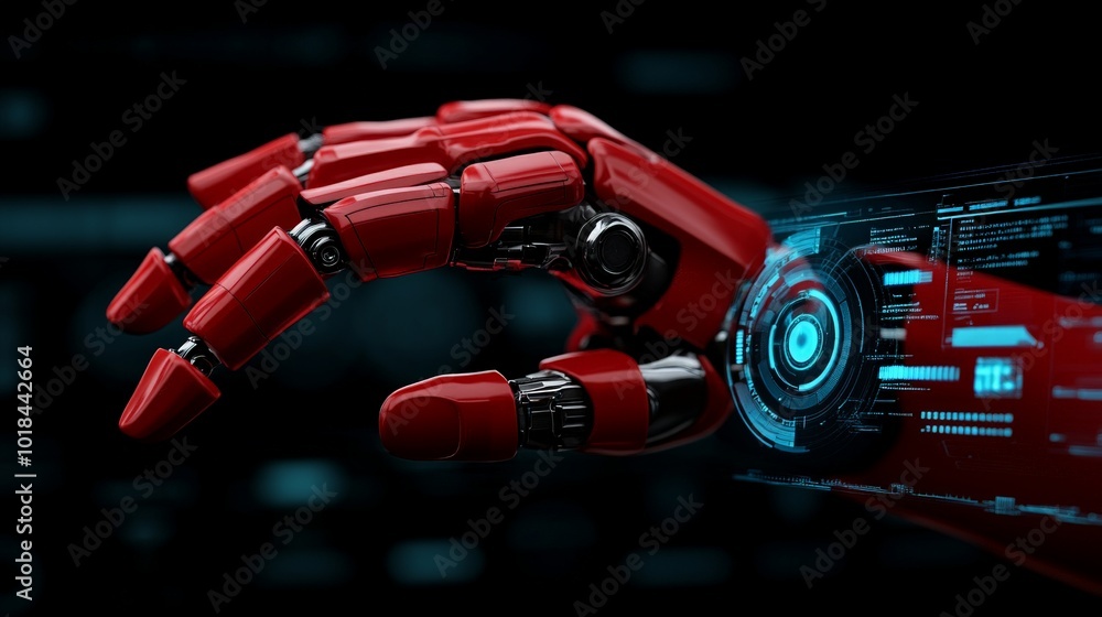 Aufkleber red robotic hand: a close-up of a futuristic red robotic hand, its intricate gears and mechanisms gl