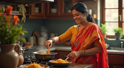 A woman in a red sari is cooking food in a kitchen