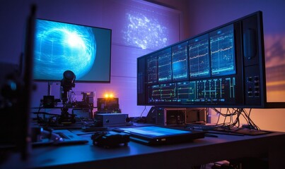 A technological workstation with multiple displays.