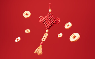 Chinese knot and floating Chinese coins, Chinese new year, happy new year, Chinese style theme, 3d rendering.
