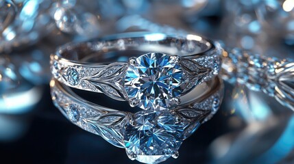 A luxurious wedding ring with an intricate design and a large center diamond, elegantly arranged on a reflective surface to showcase its brilliance and craftsmanship, ideal for promotional use.