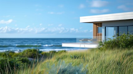 Fototapeta premium Modern Coastal Home with Ocean View and Grassy Foreground
