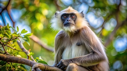Obraz premium Gray langur sitting on tree branch, scouting for predators and danger