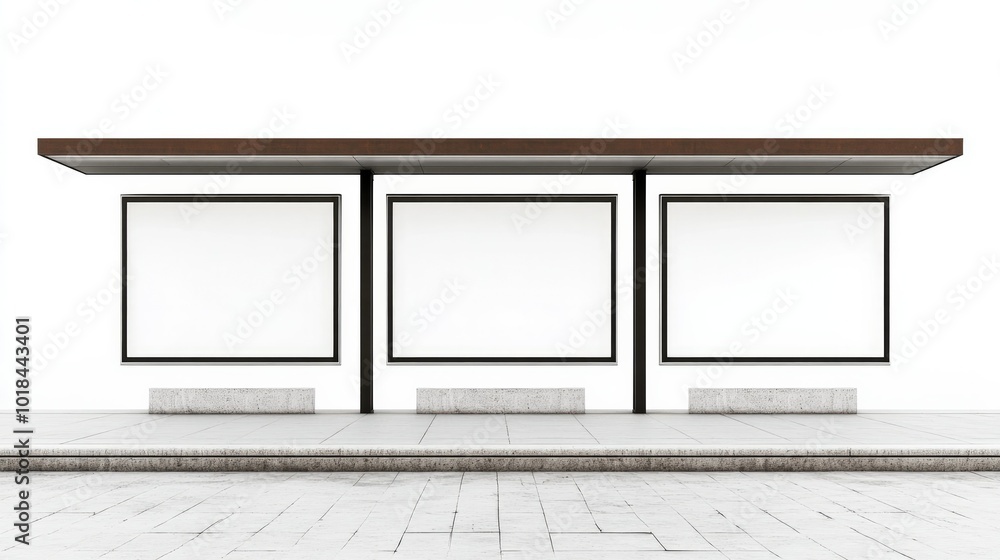 Poster a modern bus stop with several blank white ad spaces on a white background, highlighting an empty ca