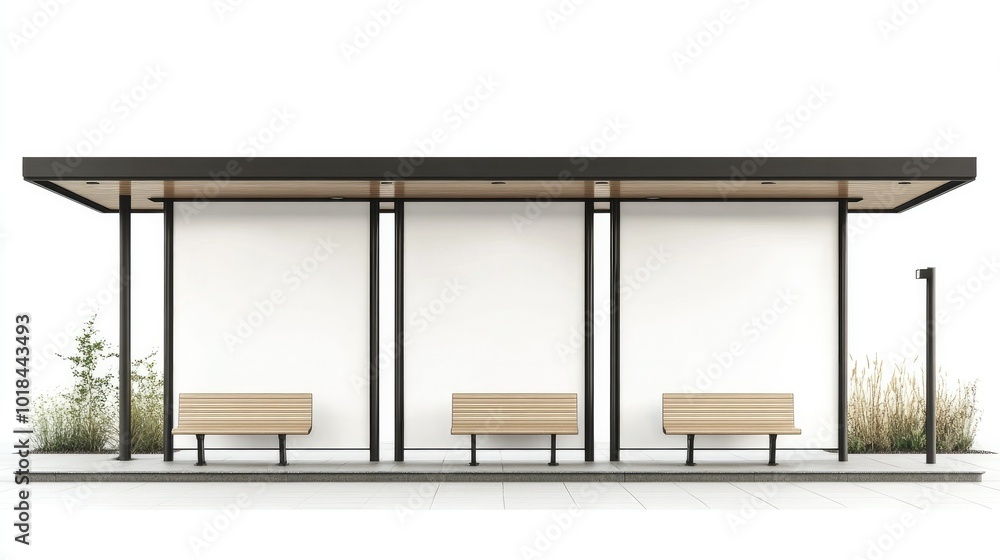 Poster a modern bus stop with several blank white ad spaces on a white background, highlighting an empty ca