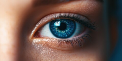 Obraz premium An abstract close-up of a robotic or human eye featuring a striking blue pupil, designed to evoke themes of artificial intelligence and advanced technology. This creative pattern serves as a captivati