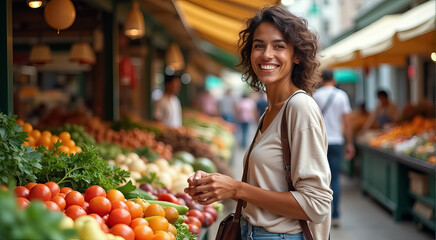 Obraz premium A woman is smiling in front of a fruit and vegetable stand
