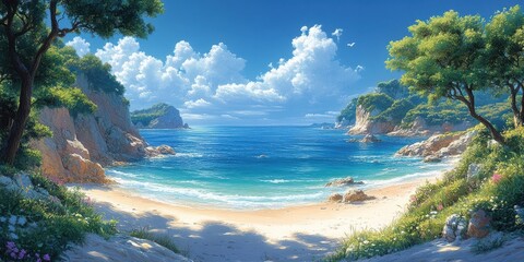 Serene Coastal Landscape with Tranquil Waters and Lush Foliage