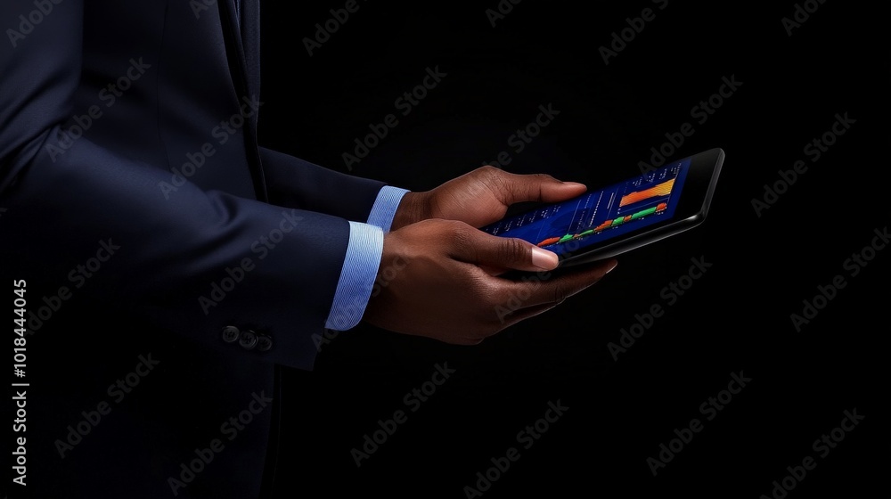 Poster businessman analyzing data: a close-up image of a businessman in a suit analyzing data on his smartp
