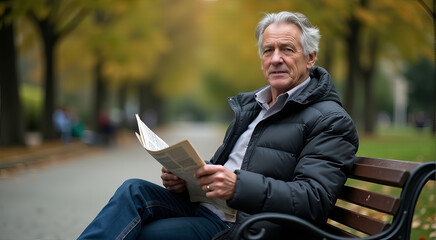 Fototapeta premium An older man is sitting on a park bench reading a newspaper