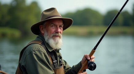 Obraz premium A man with a hat and beard is fishing with a rod