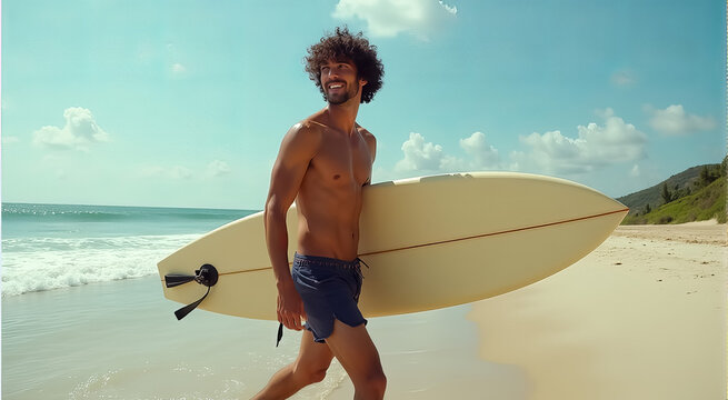A man is walking on the beach holding a surfboard