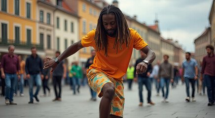 Obraz premium A man in an orange shirt is skateboarding down a street