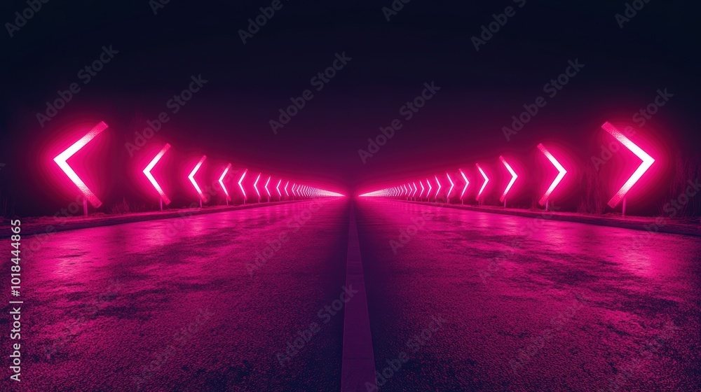 Poster abstract pink chevron arrows on a glowing road sign, arranged in a neat line, creating a vibrant and