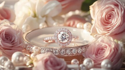 A romantic composition featuring a diamond engagement ring alongside soft pink roses and delicate pearls, creating a dreamy atmosphere perfect for wedding inspiration.