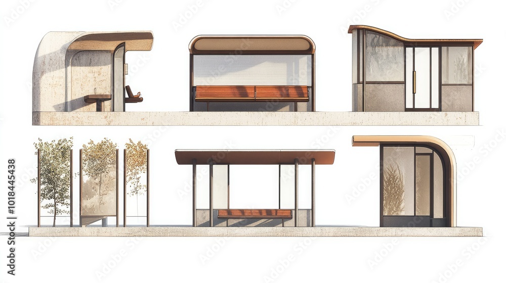 Poster a series of bus stop images with unique architectural features, placed against a white background fo