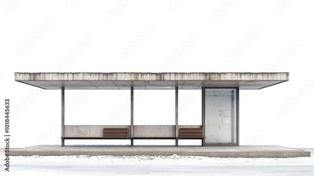 Poster a series of bus stop images with unique architectural features, placed against a white background fo