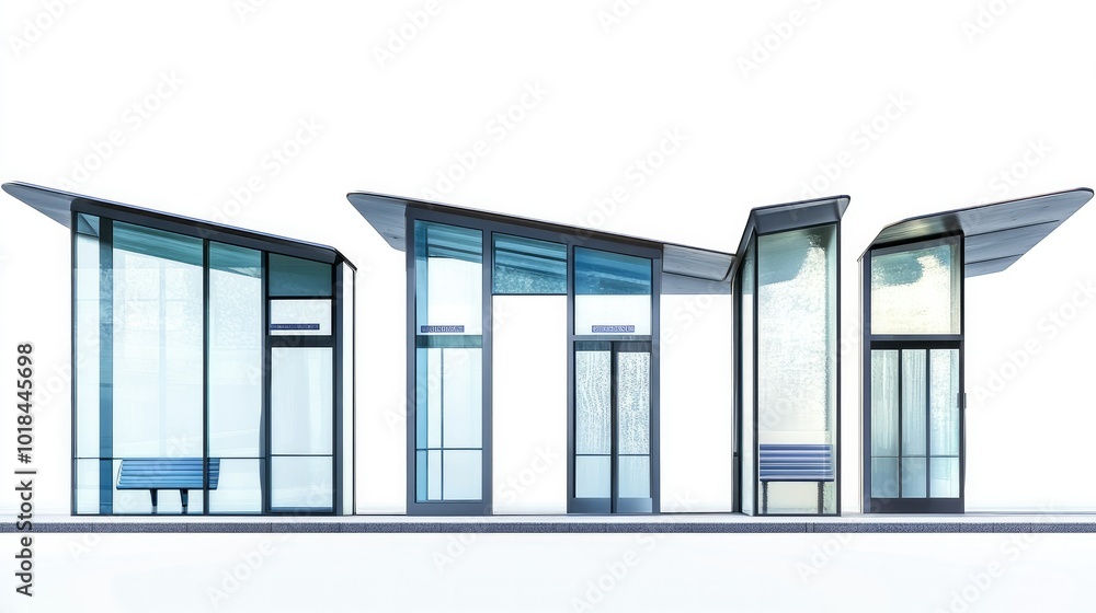 Poster a series of bus stop images with unique architectural features, placed against a white background fo